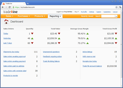 Screenshot of Tradevine Dashboard