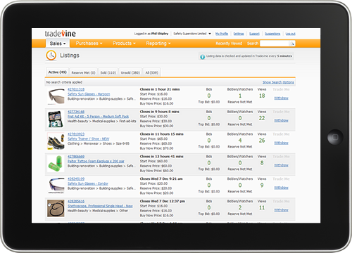 Screenshot of Tradevine Listings