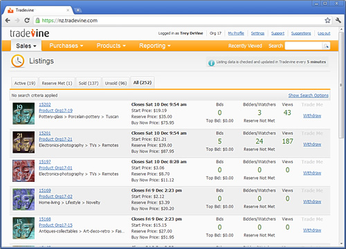 Screenshot of Tradevine Listings