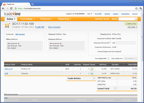 Screenshot of Tradevine Sales Order