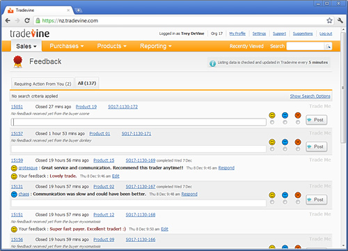 Screenshot of Tradevine Feedback
